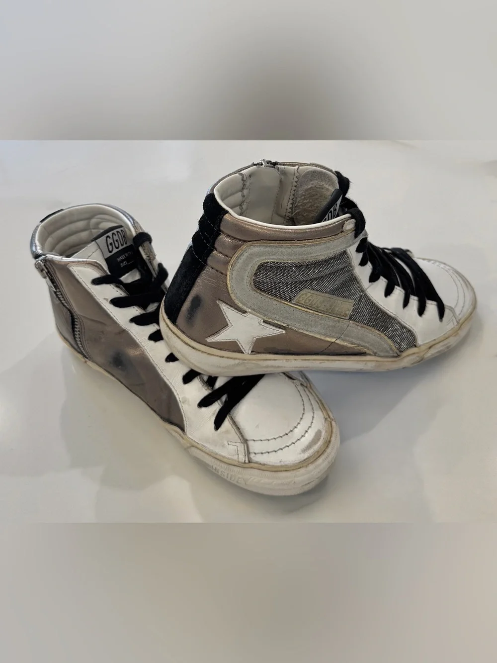 Golden Goose Size 36 US 6 Slide distressed Leather And Lurex High Top Sneakers